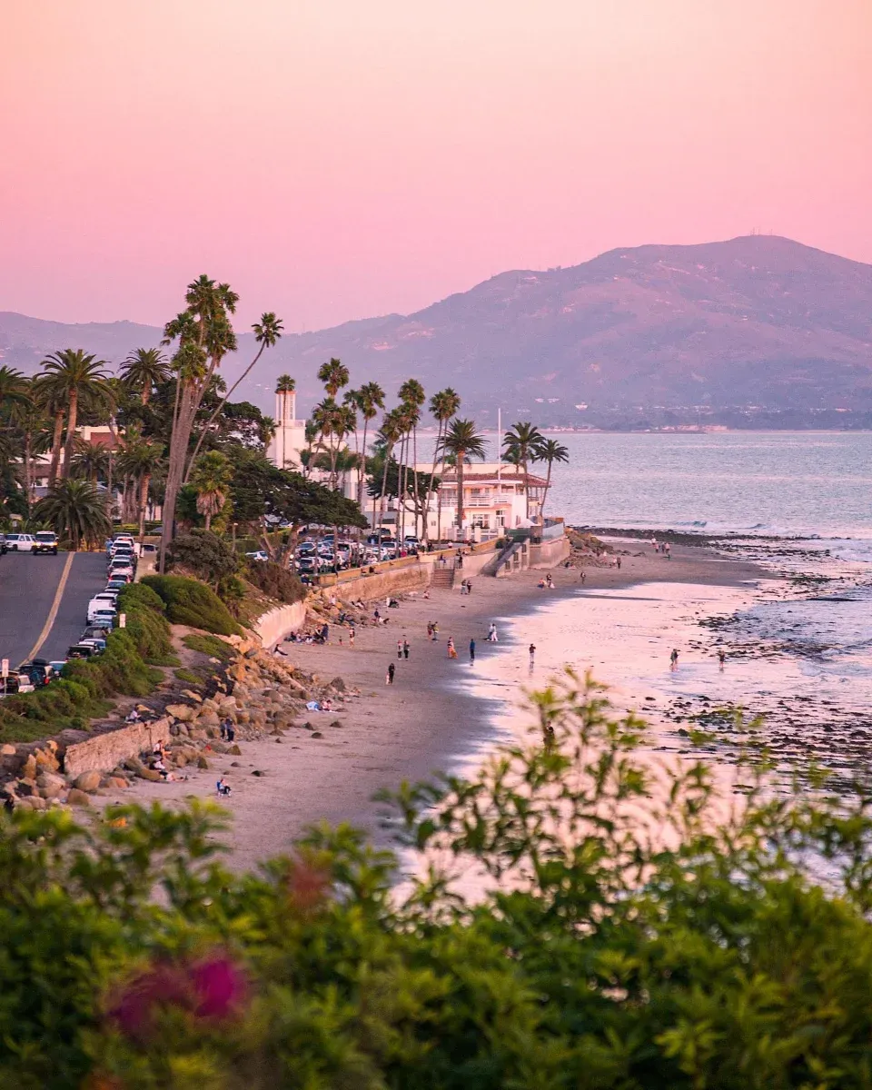Santa Barbara's coastline at sunset, palms above the beach with the mountains beyond