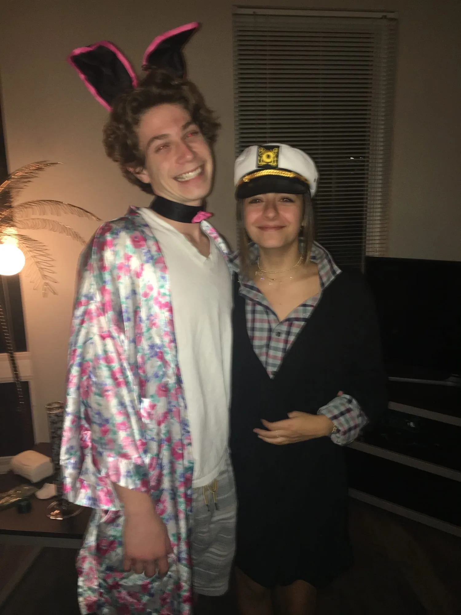 Halloween — Ben in a floral robe and bunny ears, Lauren in a sailor cap