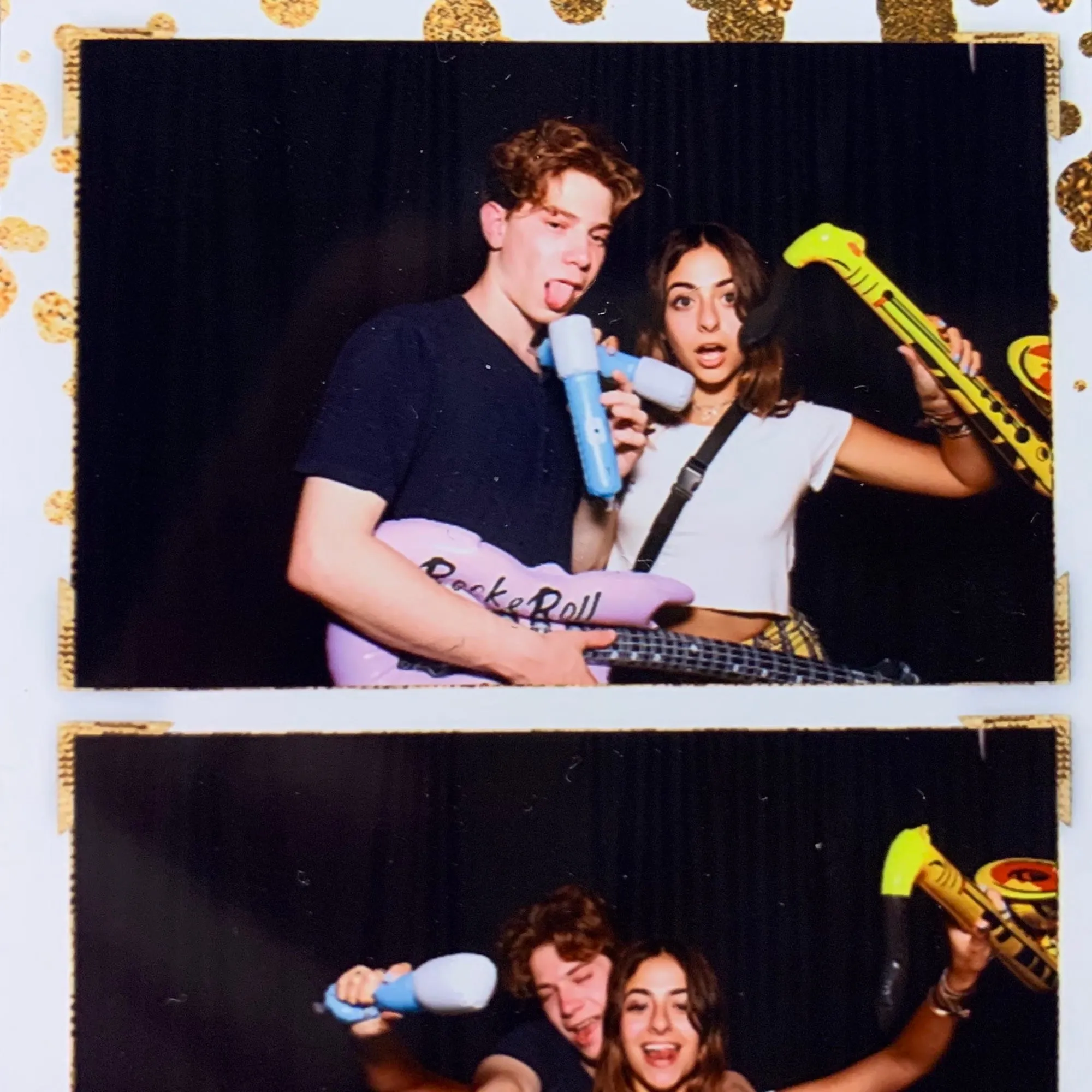 A photo booth strip of Lauren and Ben with inflatable instruments